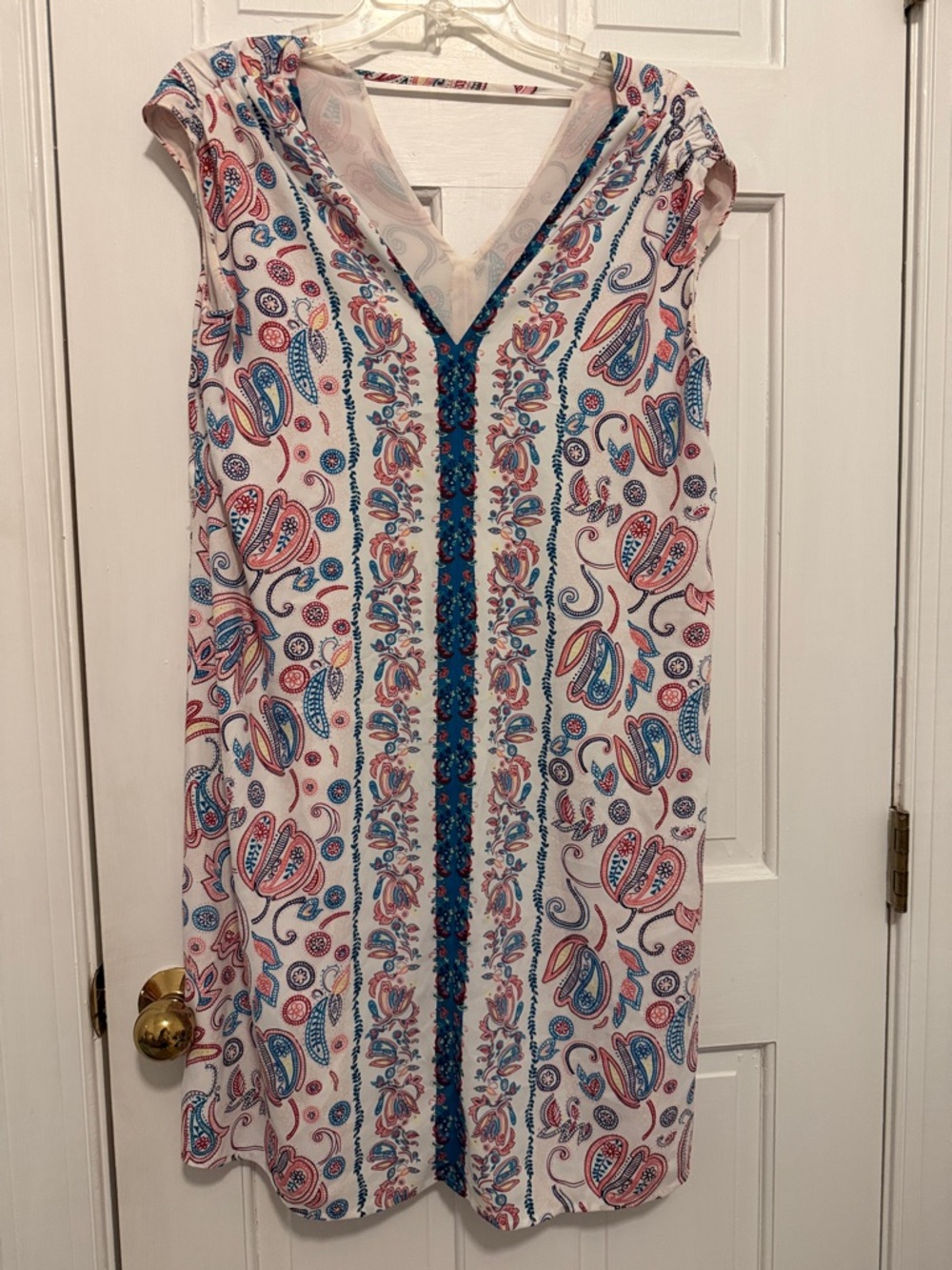 LOFT White Paisley V-Neck Sleeveless Mini Dress with Blue & Pink